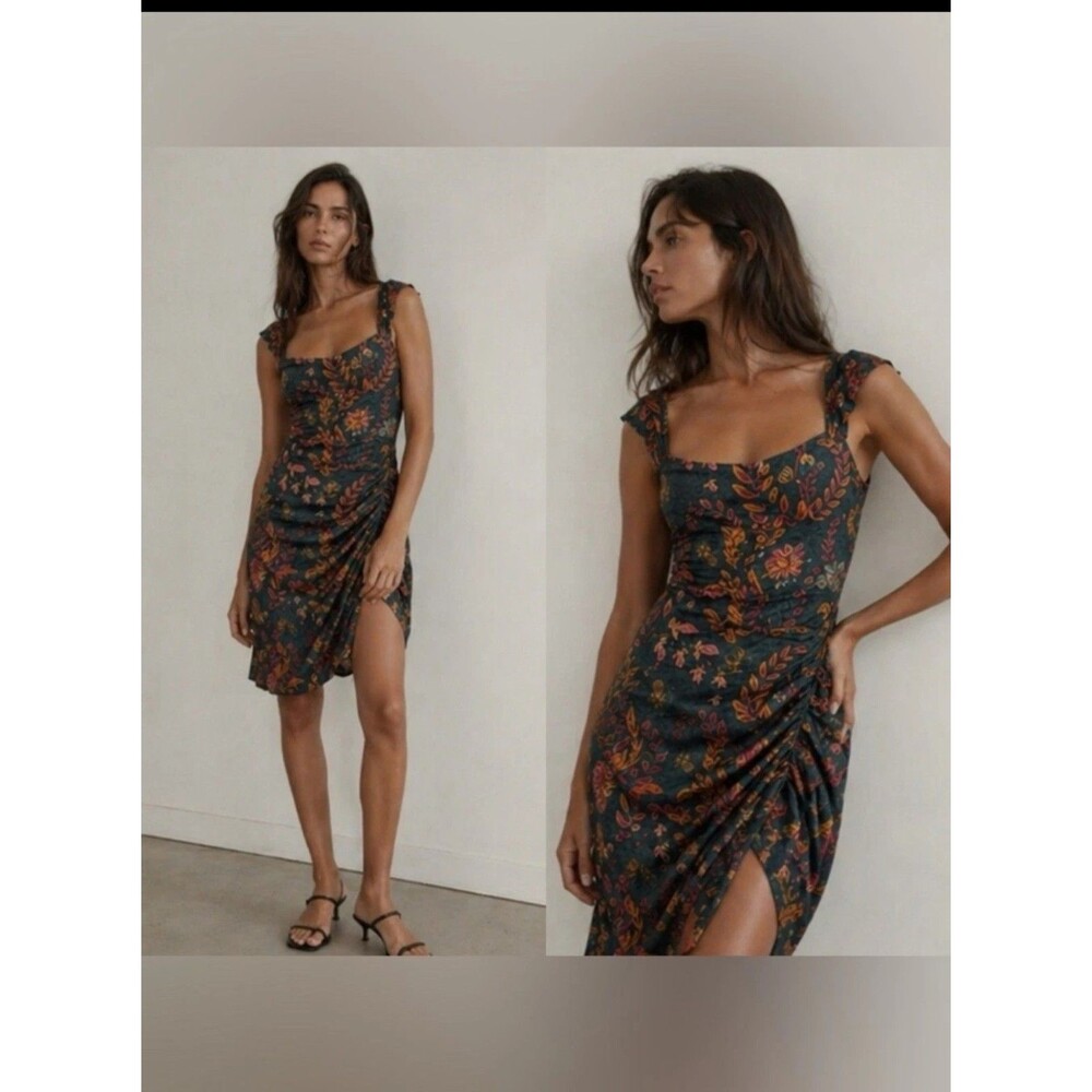 Averie Halley Ruched Satin Midi Dress Womens M High Low Hem Medium NeckLine
